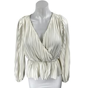 Japna Cream White Silky Satin Pleated Faux Wrap Long Sleeve Peplum Blouse Top M